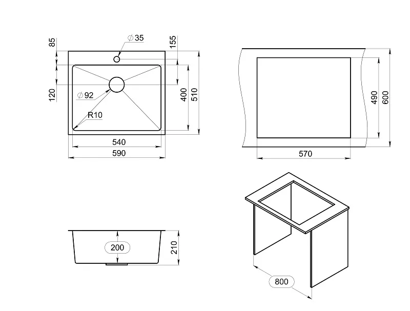 5951, ГРАФИТ МАТОВЫЙ, стальная кухонная мойка